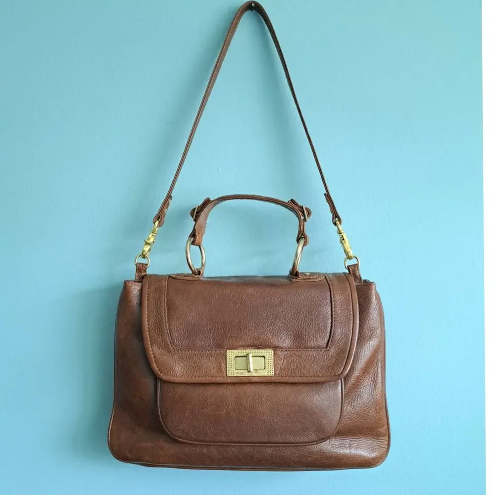Rebecca Minkoff Covet Satchel Bag Brown Glazed Leather Turnlock Leopard Hobo